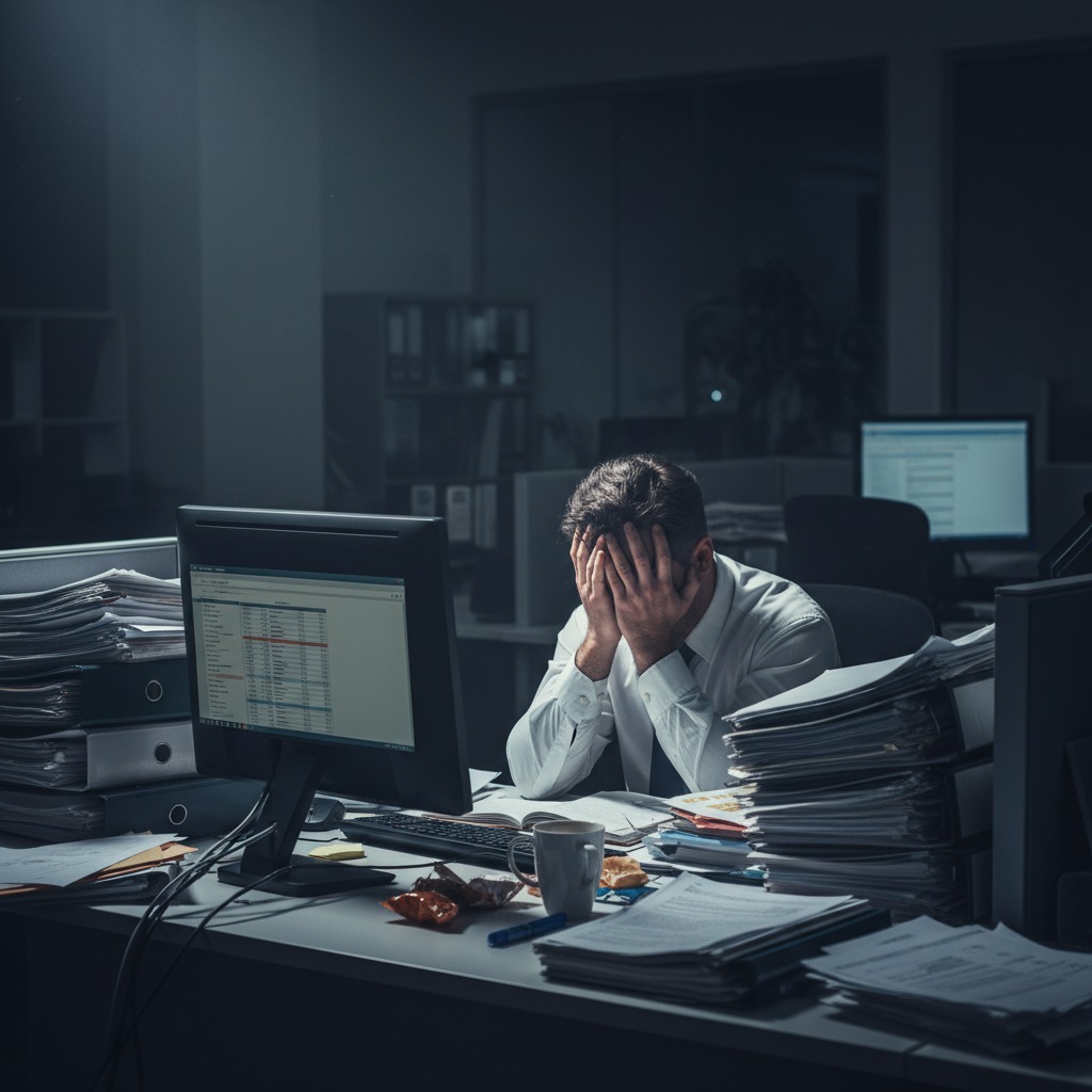 Un homme d'affaires fatigué est assis à son bureau de nuit, la tête dans les mains devant un ordinateur et des piles de dossiers.